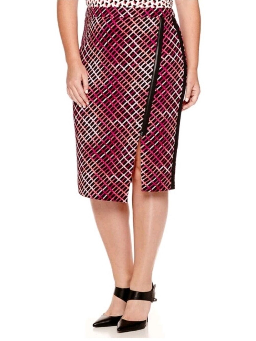 NWT Worthington Exposed-Zip Print Envelope Skirt Coral Pink Black Stretch Sz 14